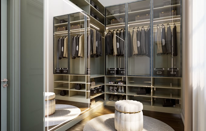 design walk in closet and wardrobe with realistic 3d render