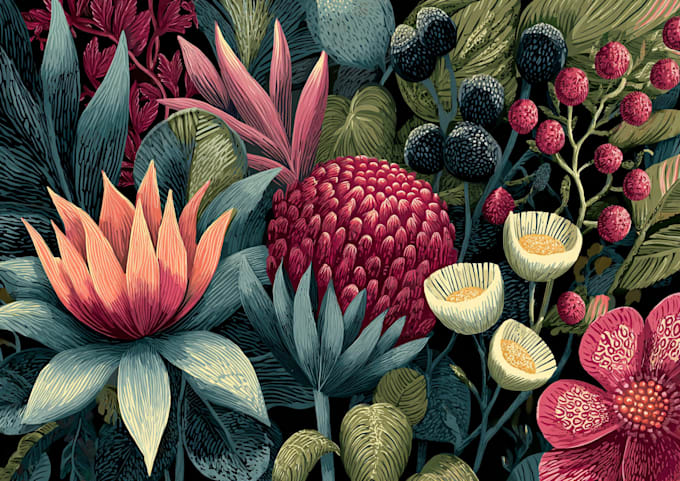 illustrate botanical and animal linocut illustration