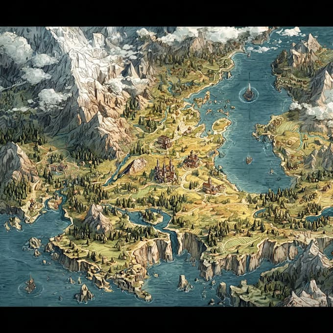 do line art fantasy map illustration