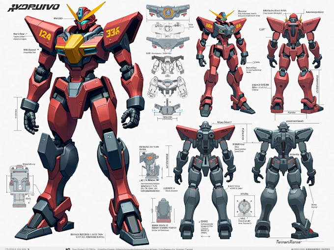 draw mecha and robot reference sheet in anime style