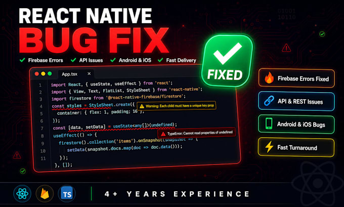 fix react native, expo, firebase, and API integration bugs