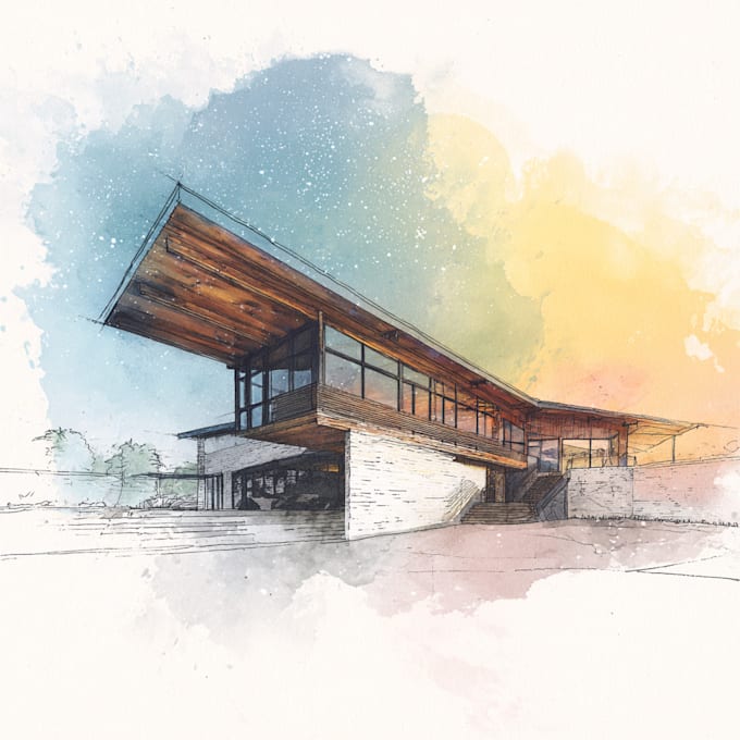 sketch architecture building with watercolor rendering