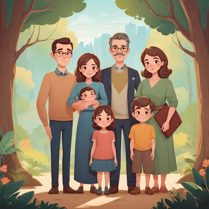 draw a cute family portrait in vector, doodle, flat