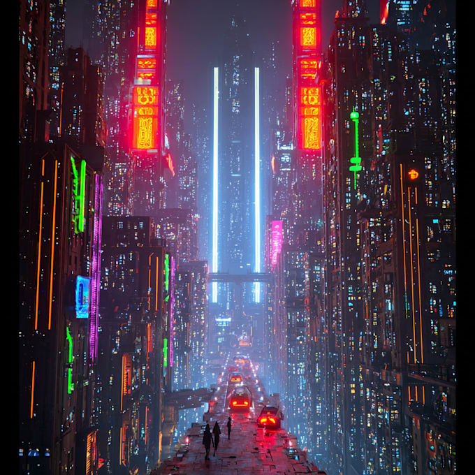 create a cyberpunk futuristic city illustration