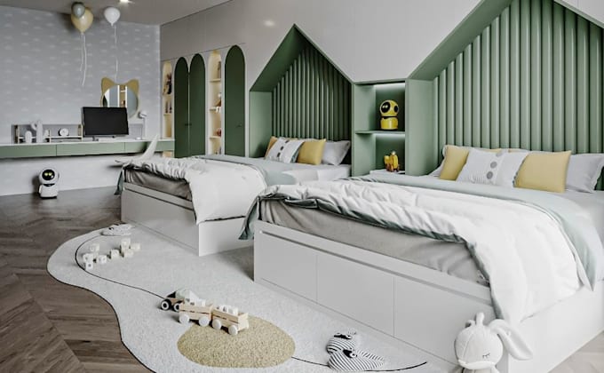 modern 3d kids interior design ,cgi playroom,bed room rendering,furniture layout