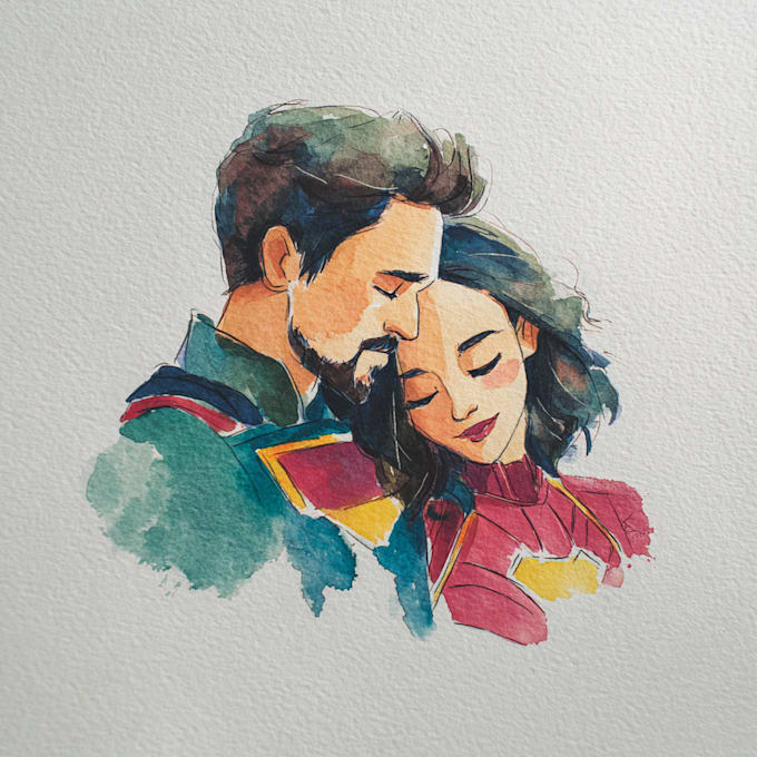 make watercolor super hero couple portrait art