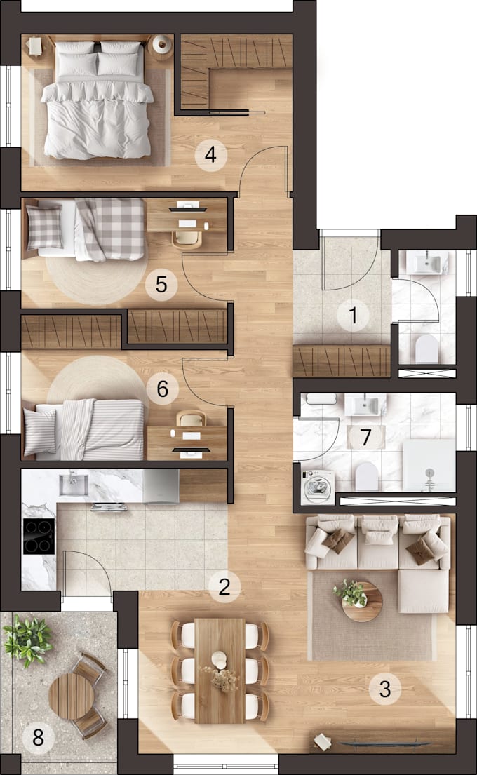 draw a colorized 2,5d floor plan for real estate