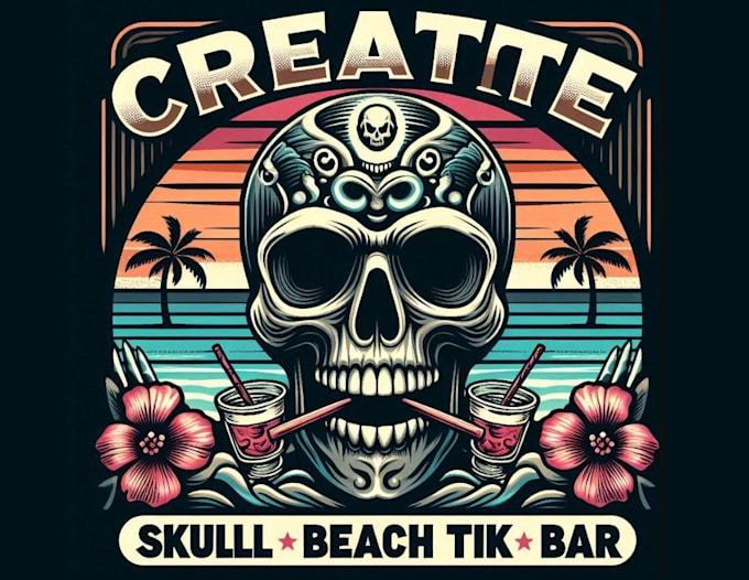 make retro skull beach tiki bar logo
