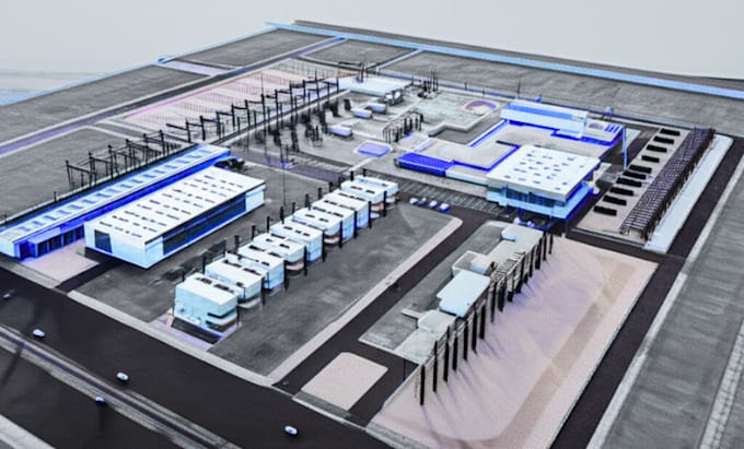 design 3d ai data center, data center, 3d server room, cgi warehouse design