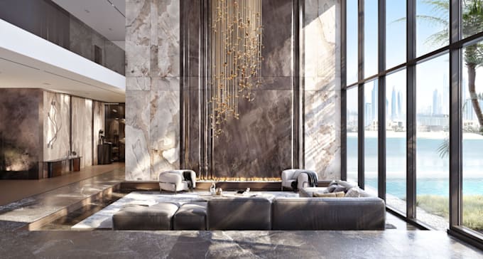 dubai villa rendering, stylized interior, house deck, multistory building,vray