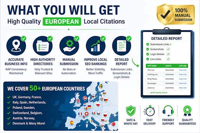 create 150 european local citations and business directory listings