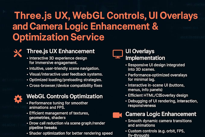 enhance threejs UX, optimize webgl controls, UI overlays and camera logic