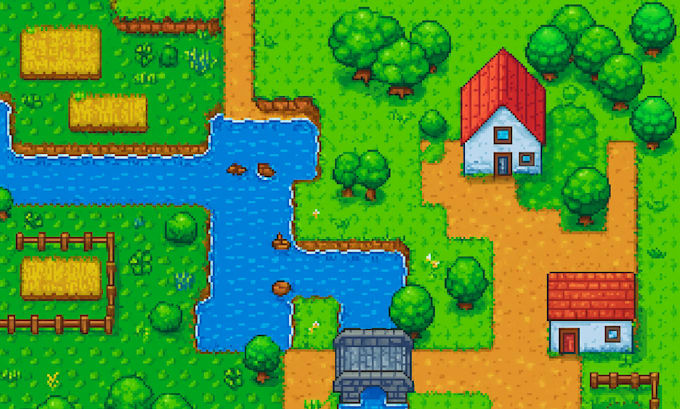 draw pixel art tileset game, pixel game character, pixel tile map retro rpg game