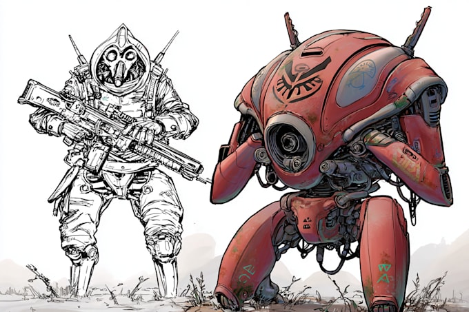 draw mecha, robot, sci fi concept art