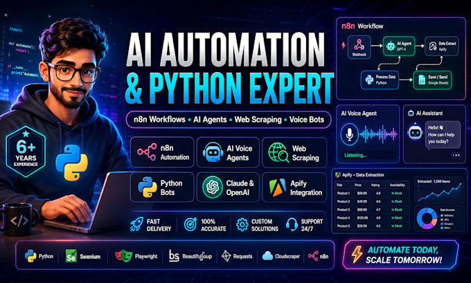 build n8n automation,web scraping,ai voice agent,claude,web bot,python,apify,ai