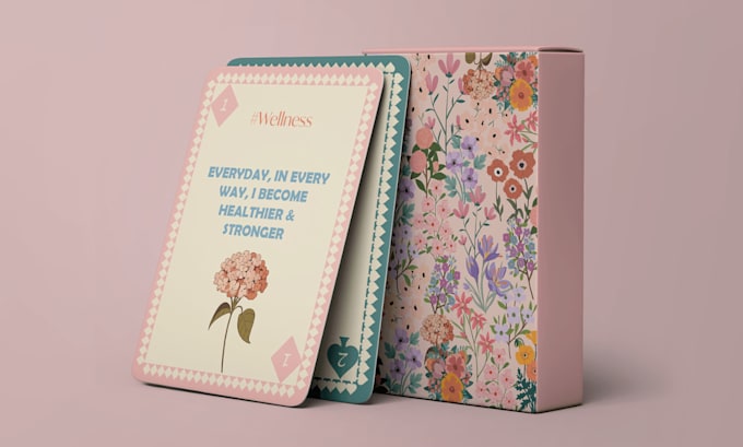 design playing card game affirmation motivational flash card box mockup rulebook