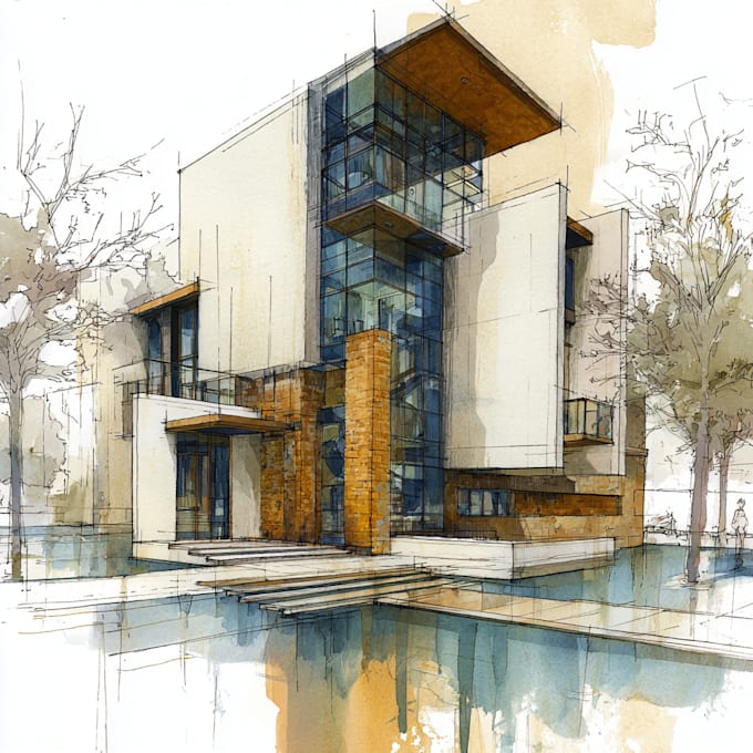 sketch architecture building with watercolor rendering