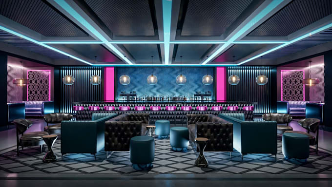 recreate 3d modern bar,8k restaurant interior,lounge rendering,night club design