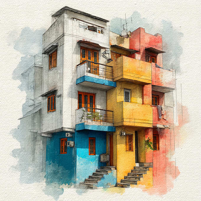 sketch architecture building with watercolor rendering