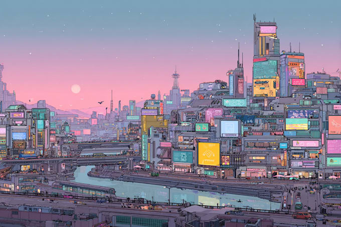 make a cyberpunk futuristic city illustration