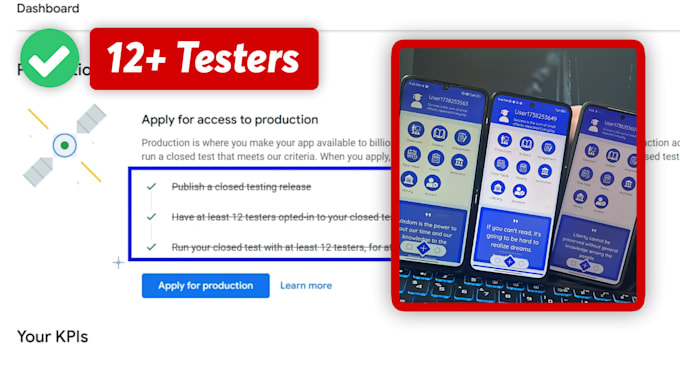 provide real 12 testers or 20 testers for google play console closed testing