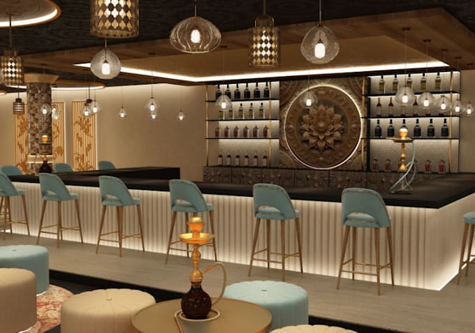 visualize luxury hookah bar,interior restaurant,roastery,vip lounge,cafe render
