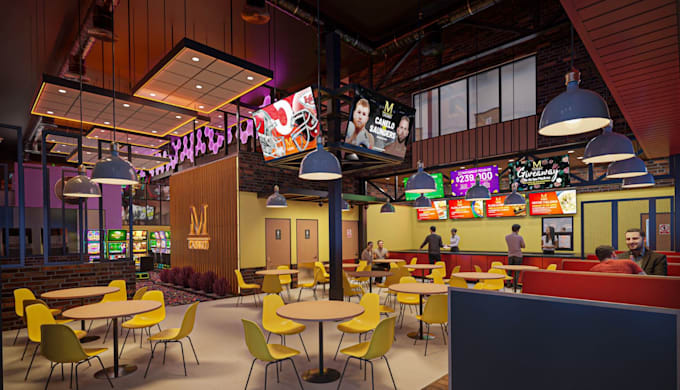 render modern restaurant,cafeteria interior,bar ,burger shop ,building exterior