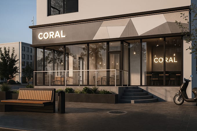 create a professional 3d exterior facade design for shop restaurant or building