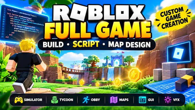 develop full game creation roblox game,roblox map, animation,roblox scripter