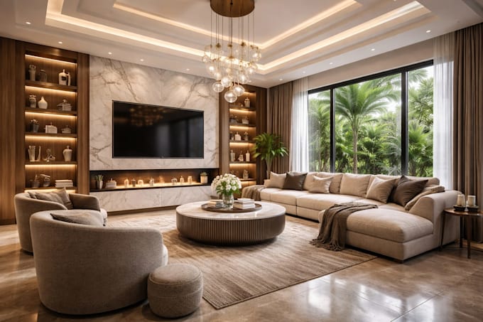 do living room interior design and 3d rendering
