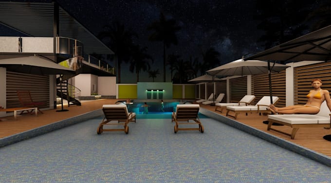 design poolside deck, resort, outdoor space, landscape rendering,layout plan,cgi