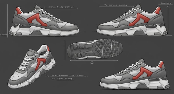 design 3d shoe tech pack, footwear technical drawing and 3d shoe flat sketches