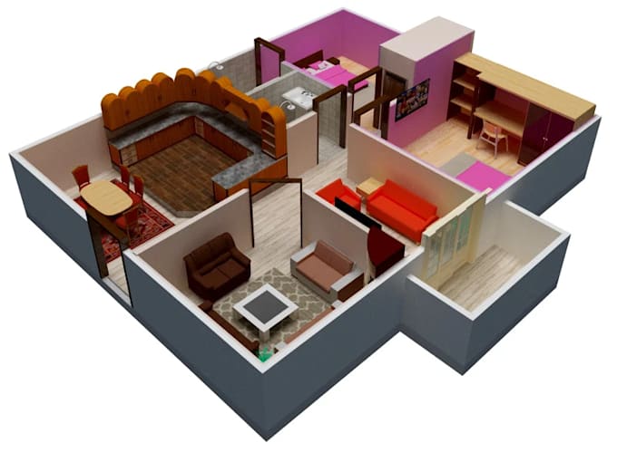 create realistic 3d floor plan layout for home or apartment