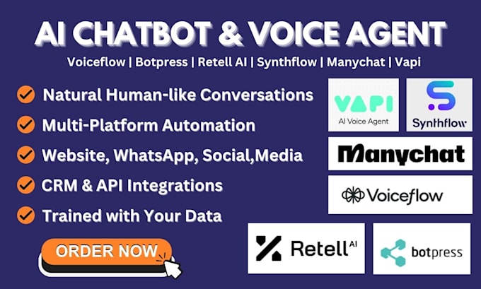 build ai chatbot and ai voice agent with voiceflow, manychat, vapi, retell ai