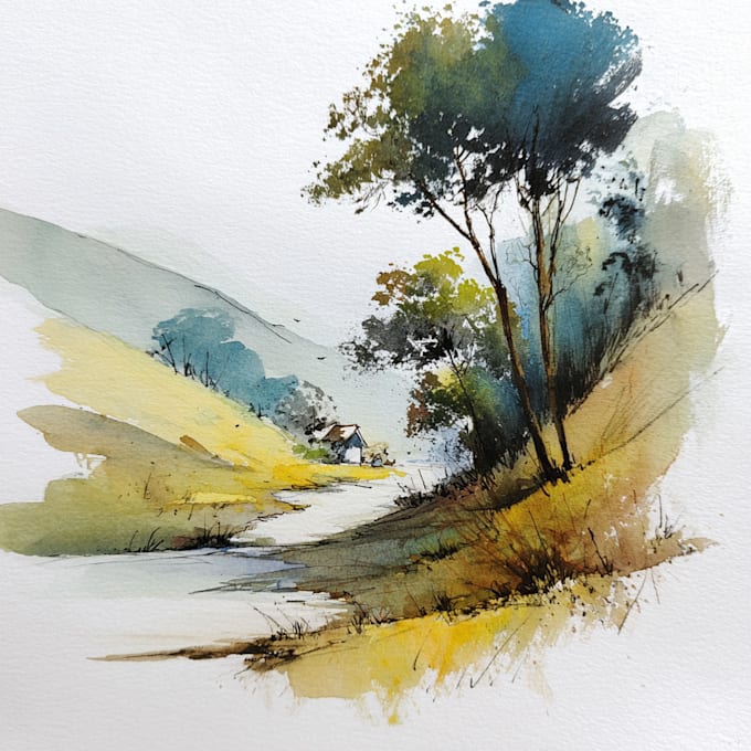 draw landscape sketch watercolor and ink