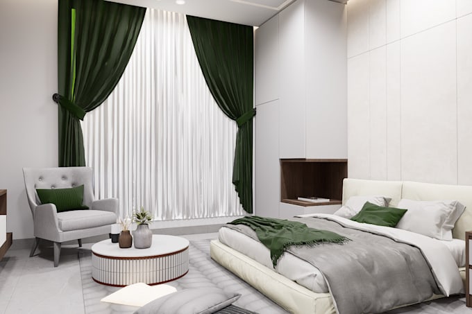 provide 3d interior design for kitchen, bathroom, bedroom