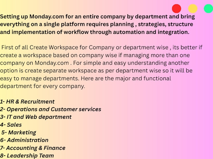 do a complete mondaycom setup with eight departments for a company