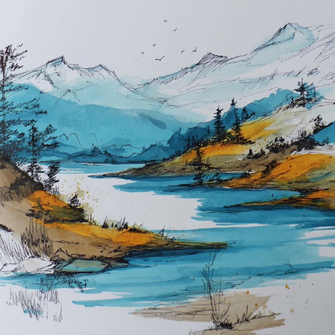 Draw landscape sketch watercolor and ink by Gousseer | Fiverr