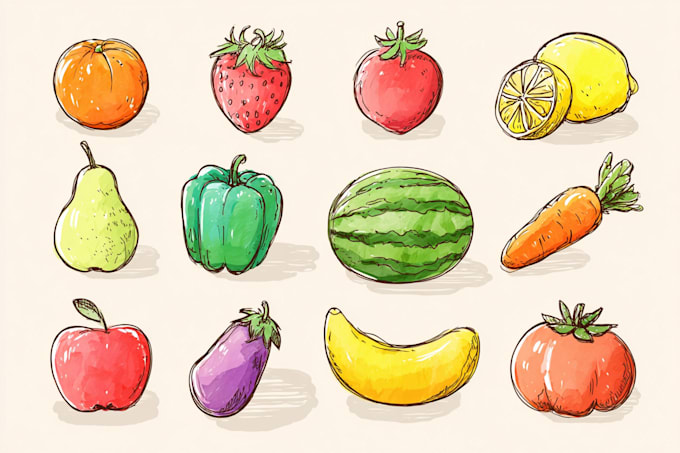 draw a simple illustration set of fruit, vegetable