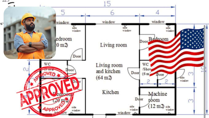 draw architectural stamp, 2d floor plan blueprint for permit in the USA