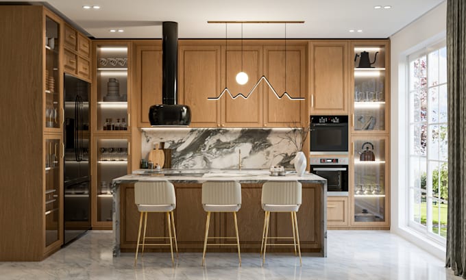 do kitchen interior design in 3d and realistic renders