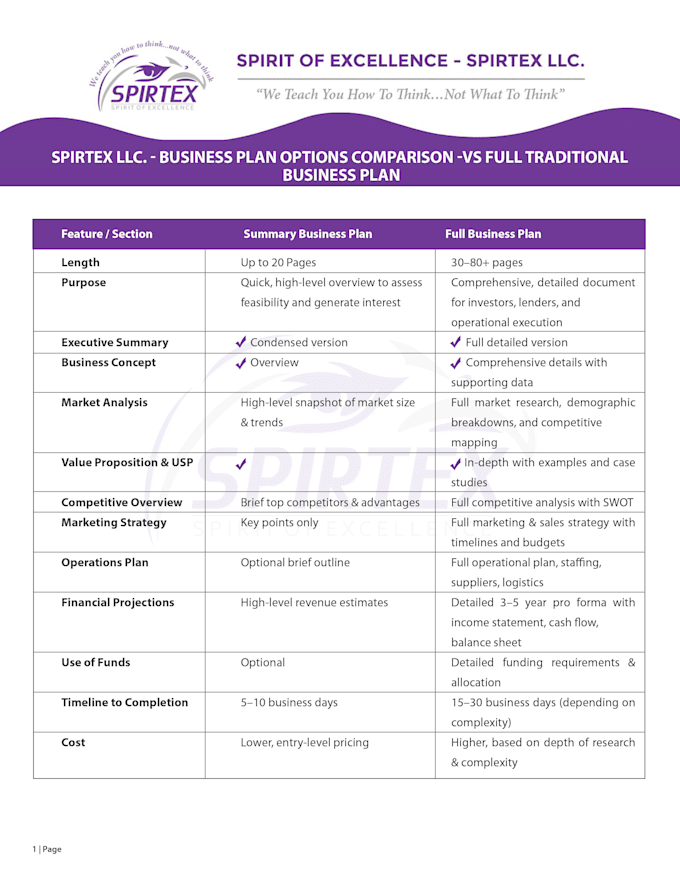 prepare an investor ready business plan summary