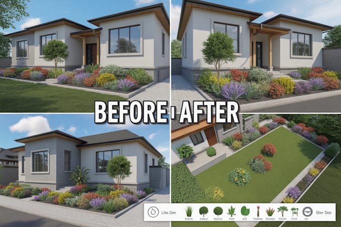 create a landscape design, front yard, backyard, flower bed, pool, park, street
