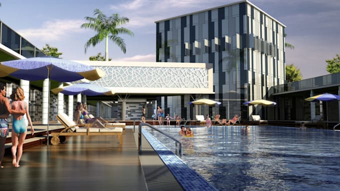 renovate 3d commercial space building, render restaurant, beach, hotel interior