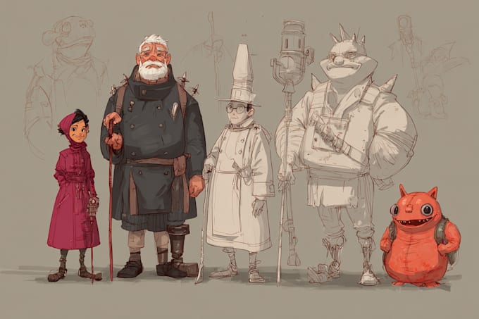 draw a concept sketch of characters, objects