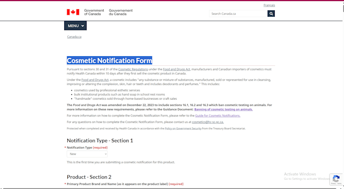 submit cosmetic notification form for your cosmetic products