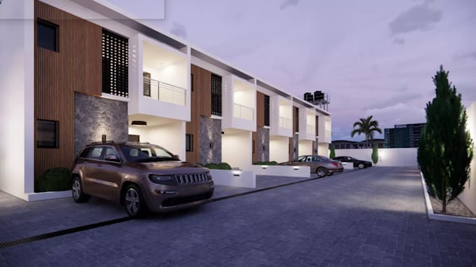 design exterior apartment building, front elevation, landscape, cgi rendering