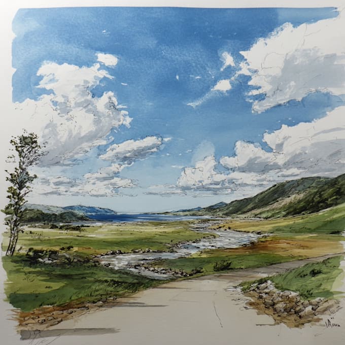Hand draw landscape sketch watercolor and ink by Strudouca | Fiverr