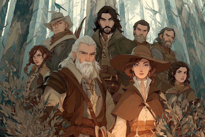 illustrate dnd party for history book design