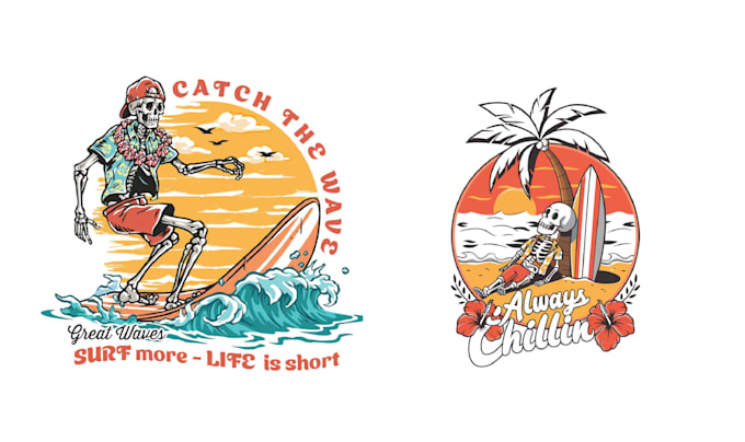 make summer surfing skeleton logo with illustration